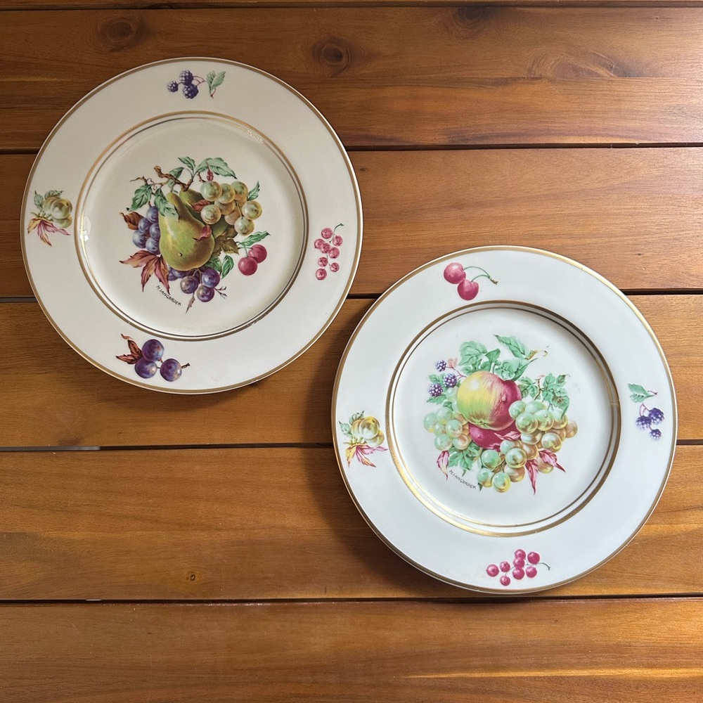 Vintage Imperial Porcelain Plates Set of 2 Signed M. Langbroek Fruit Gold Trim